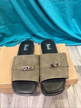 SHEIN Olive Green Slide Mules with Silver Buckle